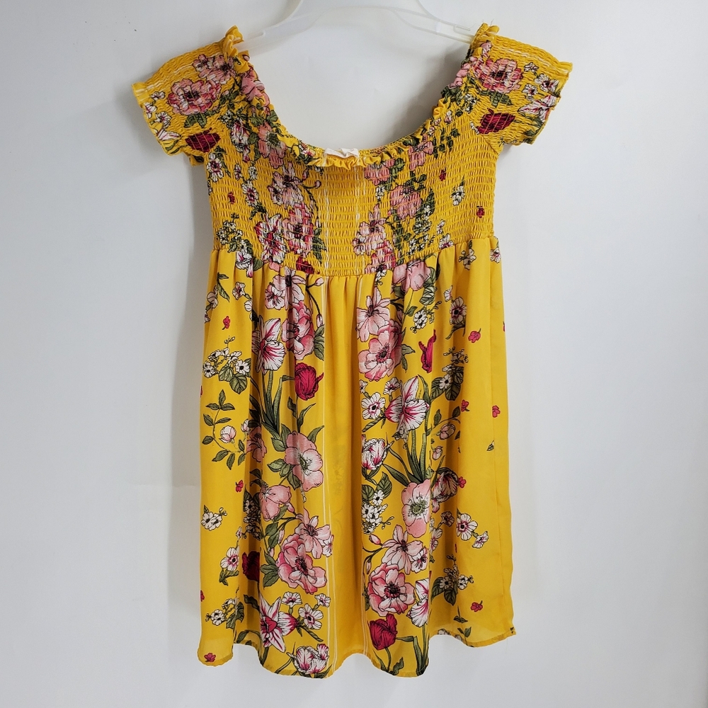 LOVE TREE womens L yellow floral smocked top off shoulder blouse